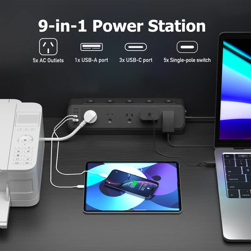 

ADEA Australian and British European rules plug-in, with 5 sockets, 1 usb 3 type-c sockets, table fixture fixed plug-in
