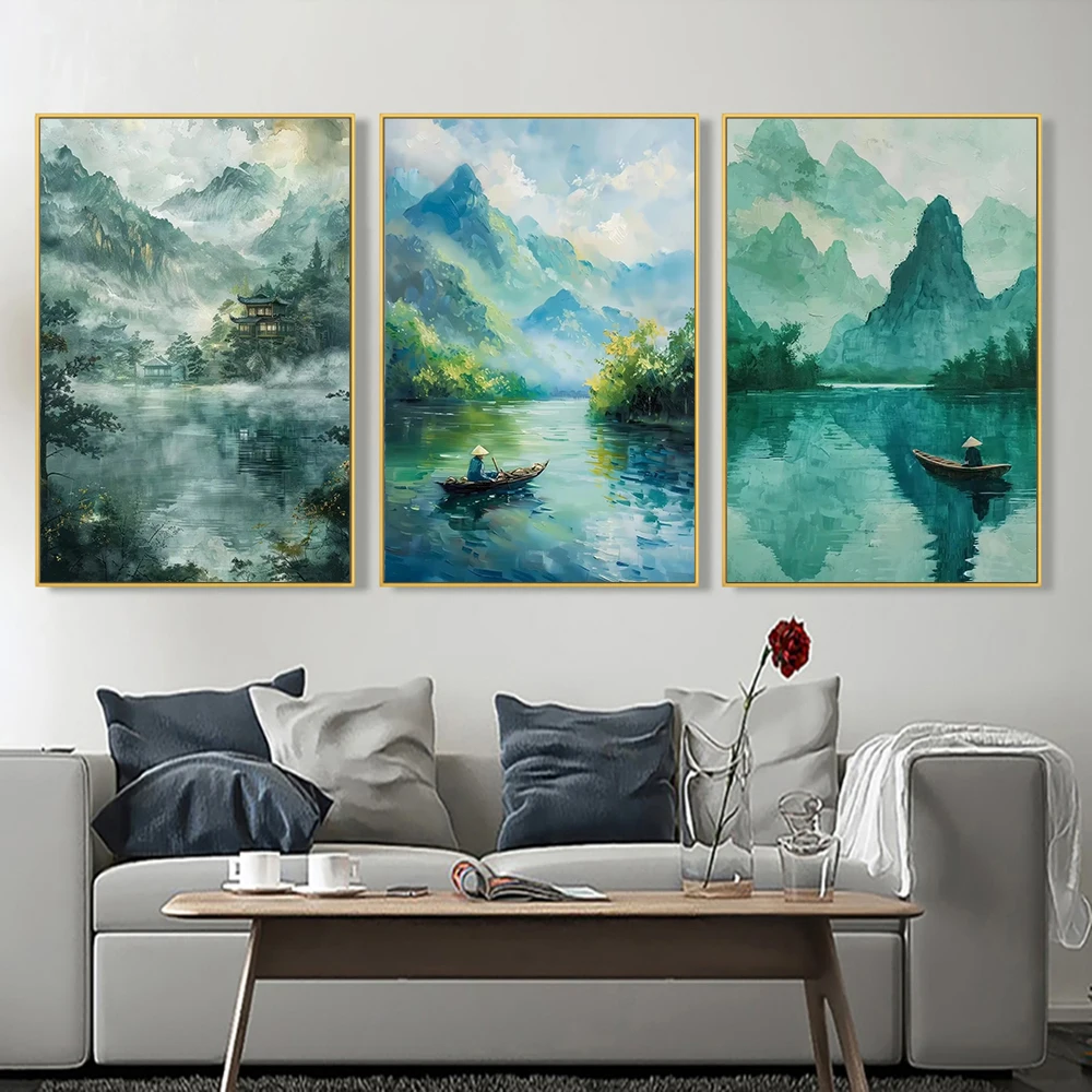 Chinese Traditional Ink Landscape Canvas Painting Misty Mountain River Boat Poster Oriental Zen Wall Art Living Room Study Decor