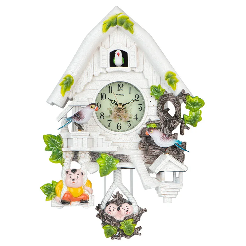 Pastoral cuckoo wall clock on the hour, living room clock voice-activated children's European cuckoo stylish and sim