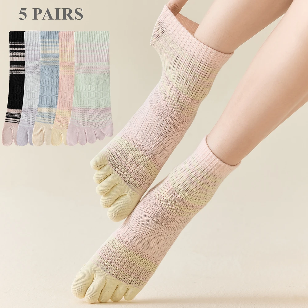 5 Pairs Women Summer Toe Socks Mesh Thin Five Finger Socks Ladies High Quality Cotton Crew Socks with Separate Fingers Sports