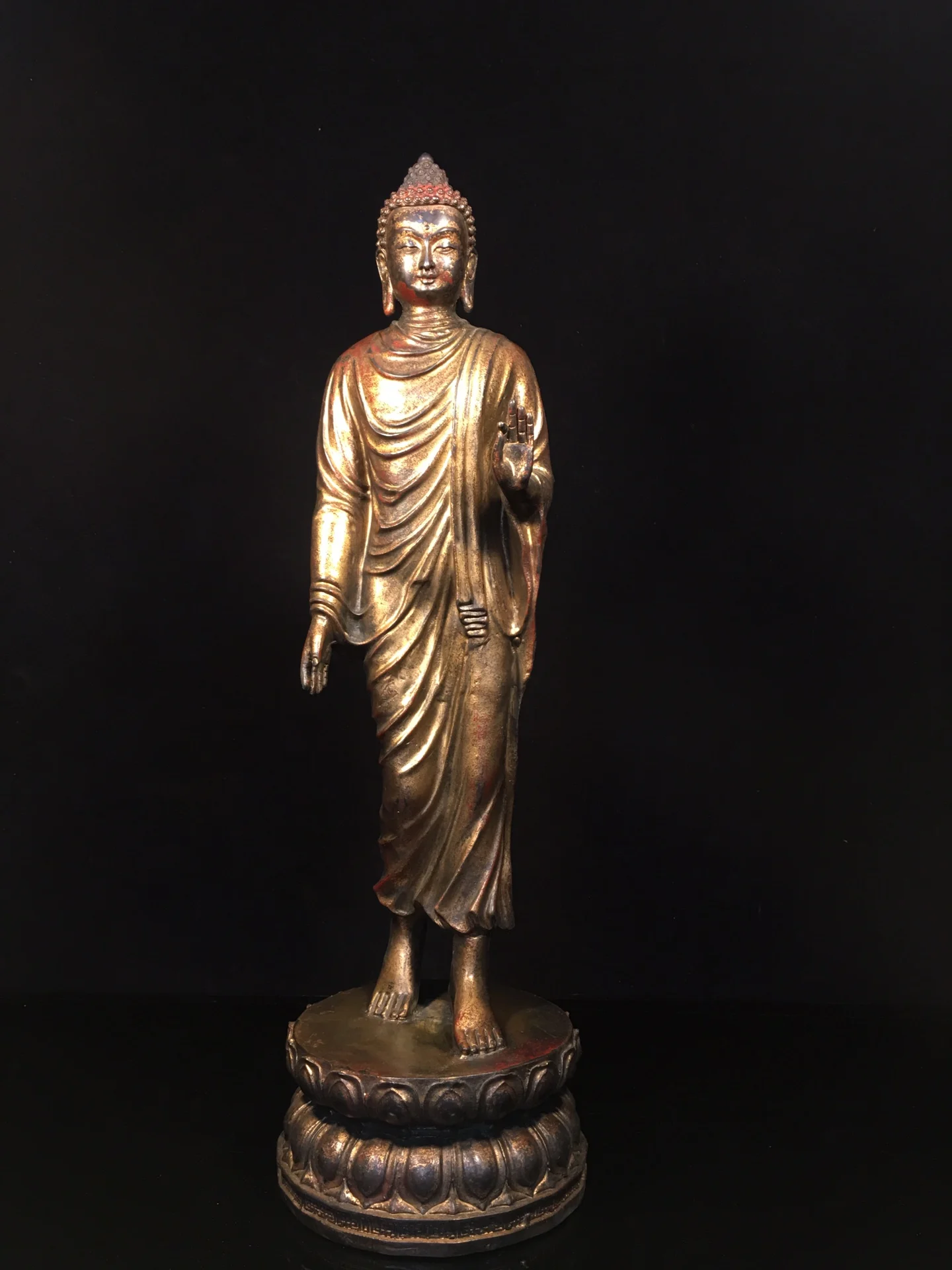 

21"Tibetan Temple Collection Old Bronze Cinnabar Mud gold Northern Wei Buddha Sakyamuni Station Buddha Worship Hall Town house