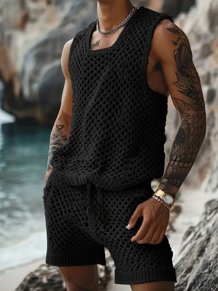 Men's Summer New Casual Knitted Two-piece Set Fashion Loose Solid Color Beach Sports Suit Breathable Hollow Out Tank And Shorts