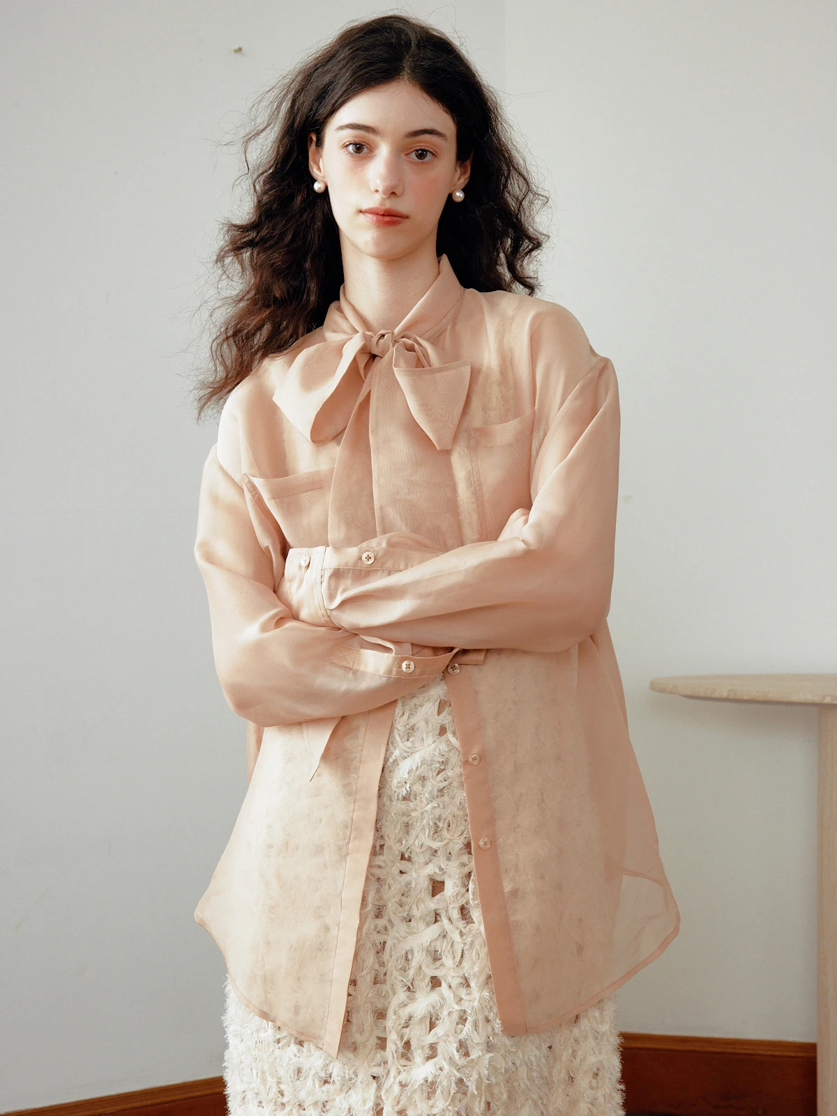 

Te by FrigidOrg Spring 2023 Loose Fit Long Sleeve Shirt with Sash Knot Chiffon Fabric Holiday Vibe Sweet Style