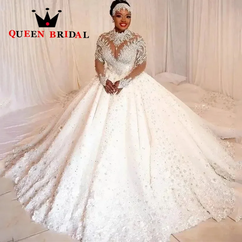 Luxury Appliques Sequined Lace Beading Wedding Dresses Long Sleeve Floor-Length Bridal Ball Gown Robe De Mariée Custom Y37M