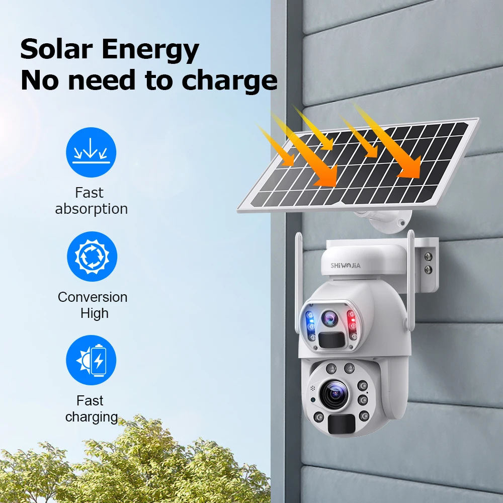 SHIWOJIA Solar Camera 4G Sim 3k 6MP 50X Zoom Dual Lens Recording Humanoid Tracking Outdoor Camera Metal Waterproof