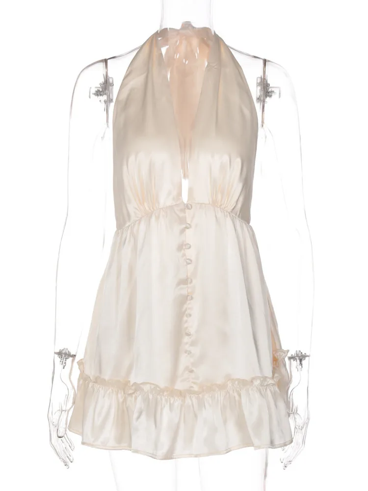 XIAOTANG Satin Backless Sexy Mini Dress for Women Fashion Solid Halter V Neck Sleeveless High Waist Aline Club Party Dresses