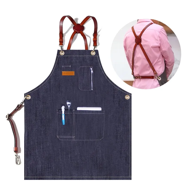 

Logo custom kitchen restaurant painting bakery milk tea store hanging neck denim work chef apron with zipper pocket