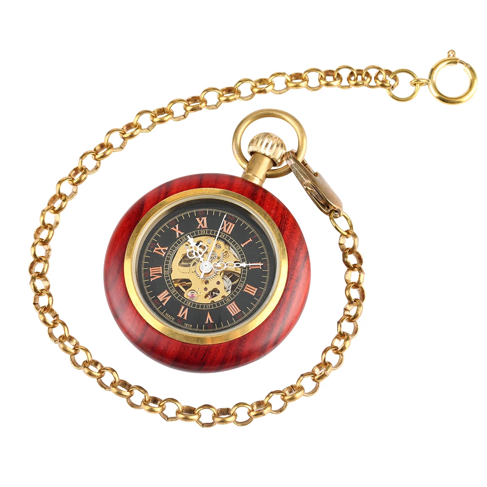 Vintage Red Wood Roman Numerals Display Mechanical Hand Winding Pocket Watch Men Luxury Manual Mechanial Pendant Pocket Clock