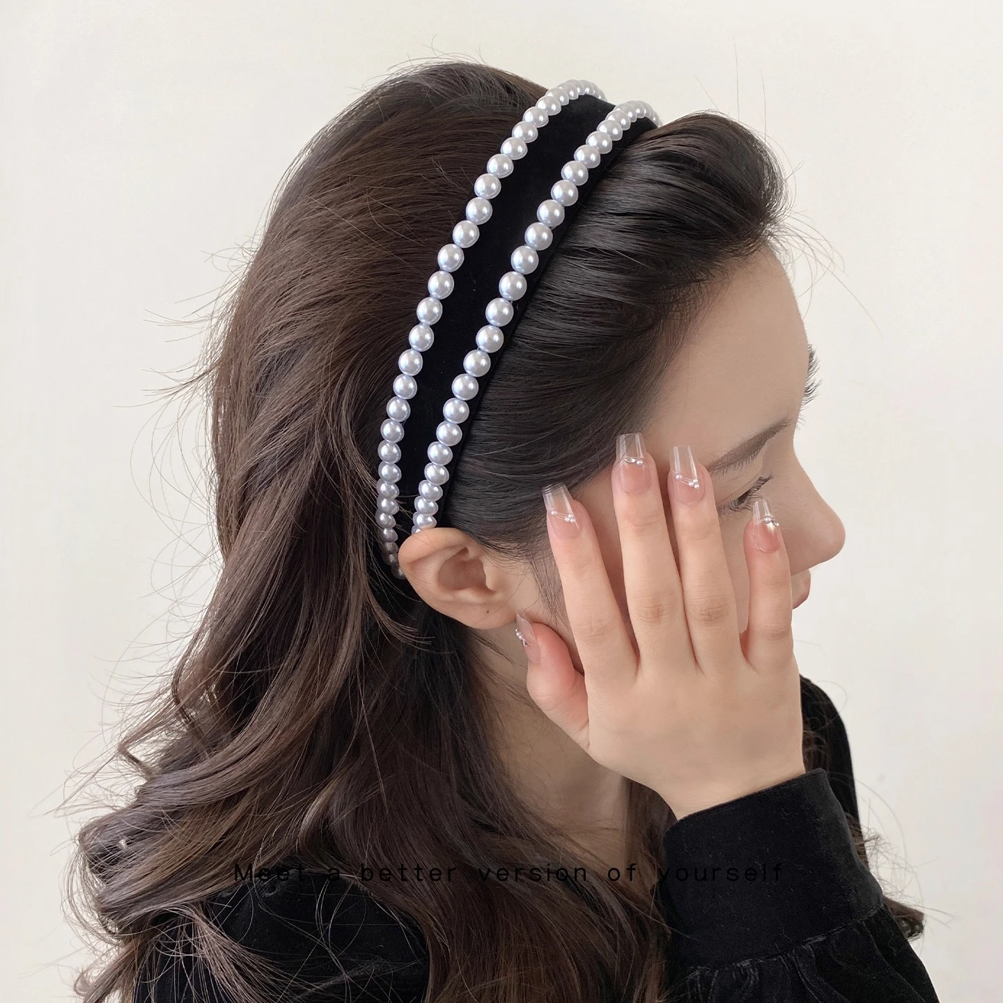

French Style Black Velvet Pearls Hairbands with Teeth Anti Slip Adult Female Wide Edge Hair Clip Women New Hair Accessory