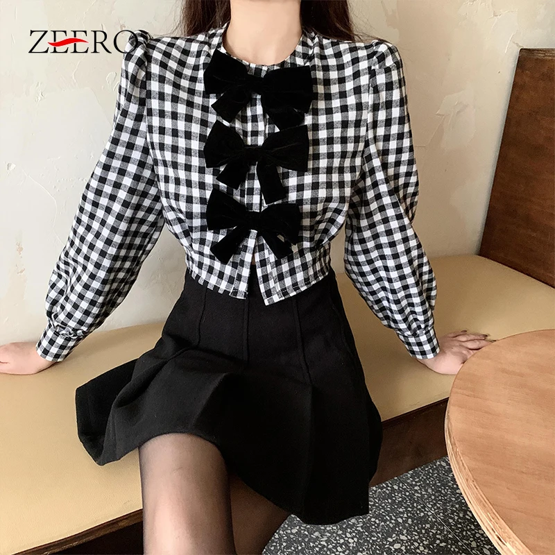 

Spring Autumn Women Two Piece Set Plaid Bow Lantern Sleeves Short Top + Black Pleated A-line Mini Skirt Suit Female L-4XL