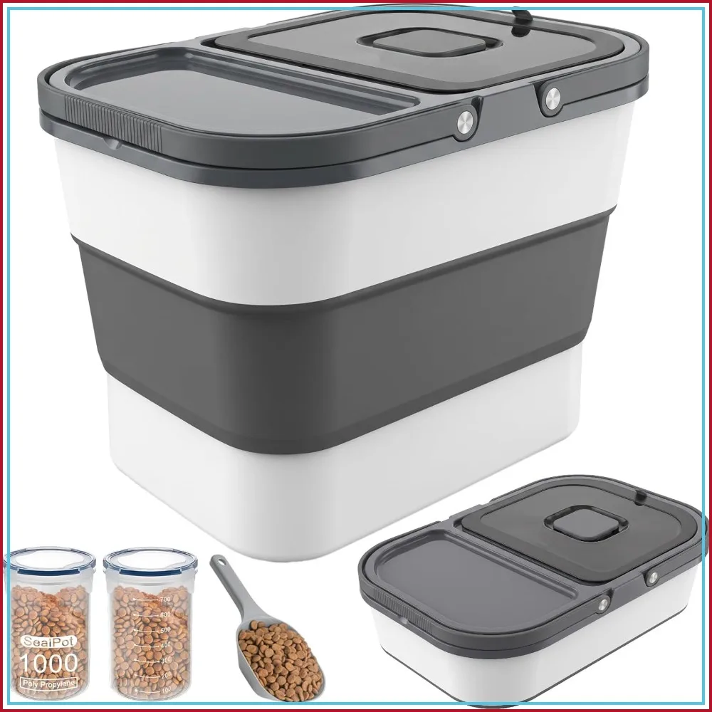 35lbs Collapsible Dog Food Container with Wheels and Handle, Airtight Pet Food Storage, Scoop Included, 2L Small Dry Food Pail for Dog Cat Bird