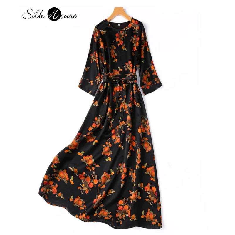 

2025 Women's Fashion Spring New "Good Persimmon Occurrence" Printed 50MM 100% Natural Mulberry Silk Fragrant Cloud Yarn Dress