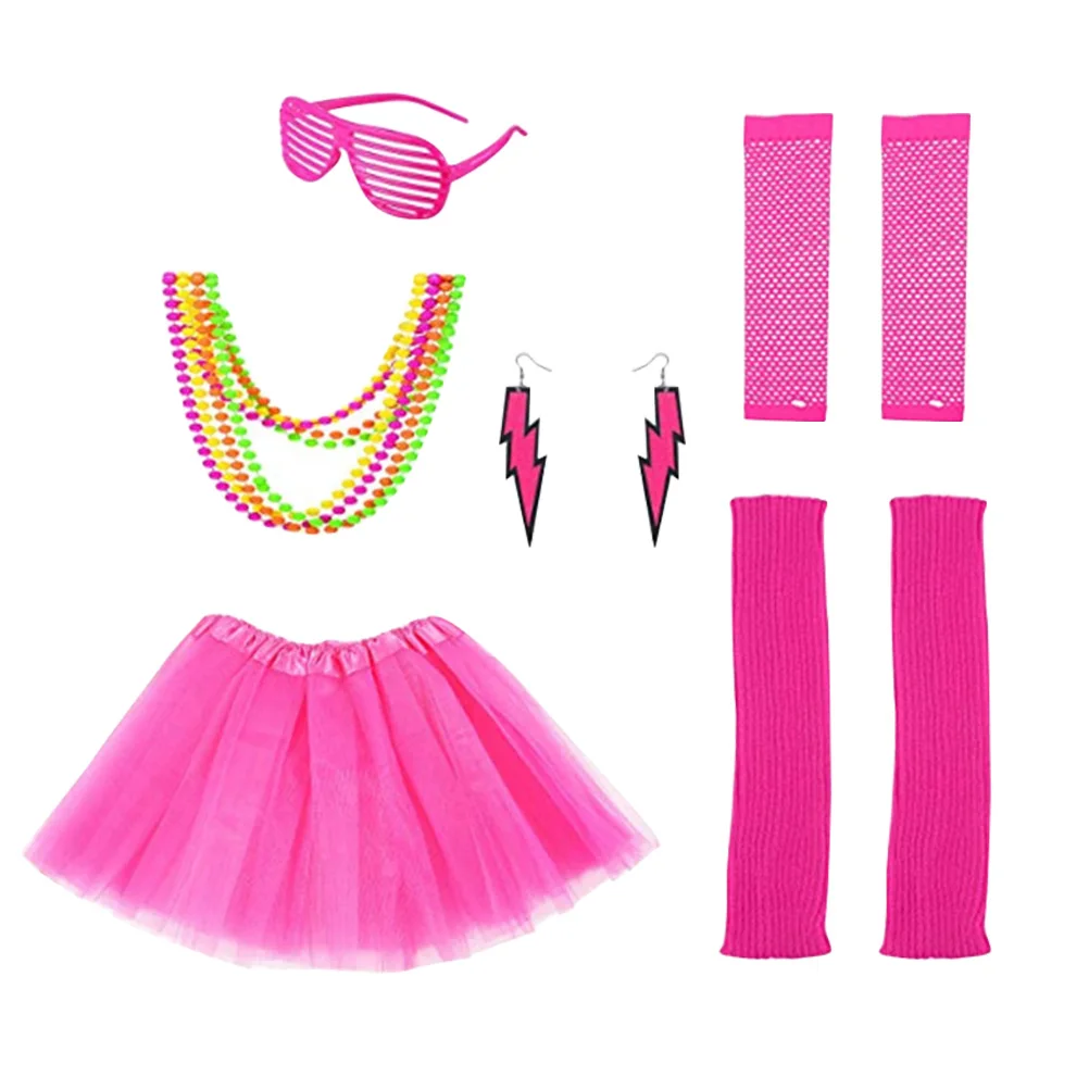 6 ชิ้นแต่งตัวชุดกระโปรงบัลเล่ต์ 80 วินาทีปาร์ตี้แฟนซี Fishnets ถุงมือนีออนสร้อยคอคลาสสิกหน้าต่าง-เฉดสีแว่นตา