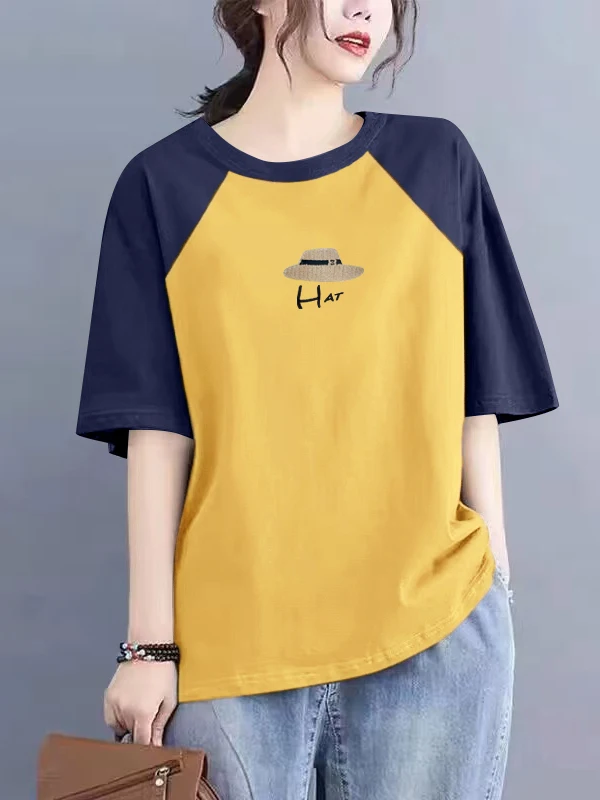 เสื้อยืดผ้าฝ้ายพิมพ์ลายสำหรับผู้หญิงไซส์ใหญ่ แฟชั่นฤดูร้อน ตัดป้าย กระดุมผ้าฝ้ายแท้ ทรงกลม แขนสั้น สไตล์เกาหลี