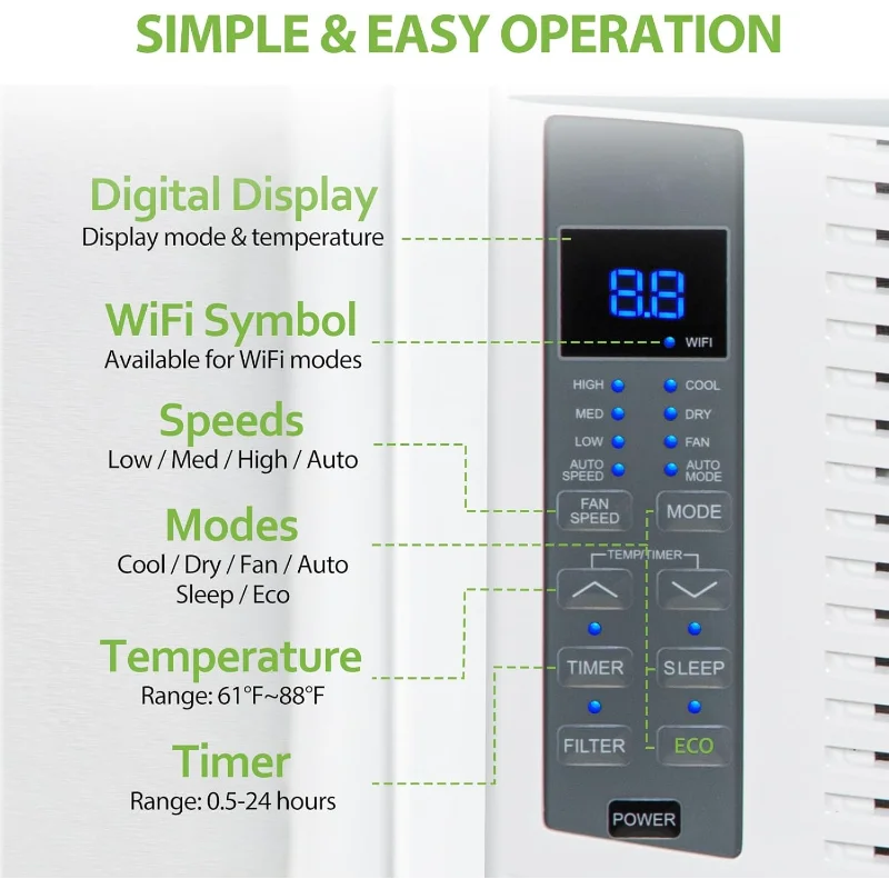 مكيف هواء نافذة 6,000 وحدة حرارية بريطانية، وحدة تيار متردد ذكية للنافذة مع جهاز تحكم عن بعد، موفر للطاقة، مجموعة سهلة التركيب