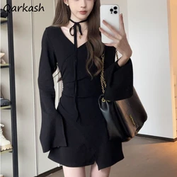 Black High Waisted Dress Women Hotsweet Bandage Flare Sleeve V-neck Sexy Elegant Ladies Vintage Autumn Vestidos Designed S-3XL