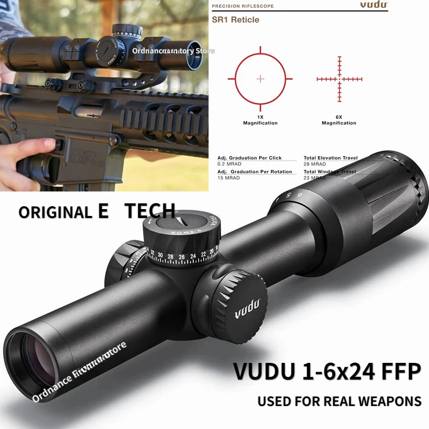 Original E*TECH VUDU 1-6x24 First Focal Plane(FFP) Precision Rifle Scope SR1 Illuminated Reticle 30mm Tube Short&Medium Range