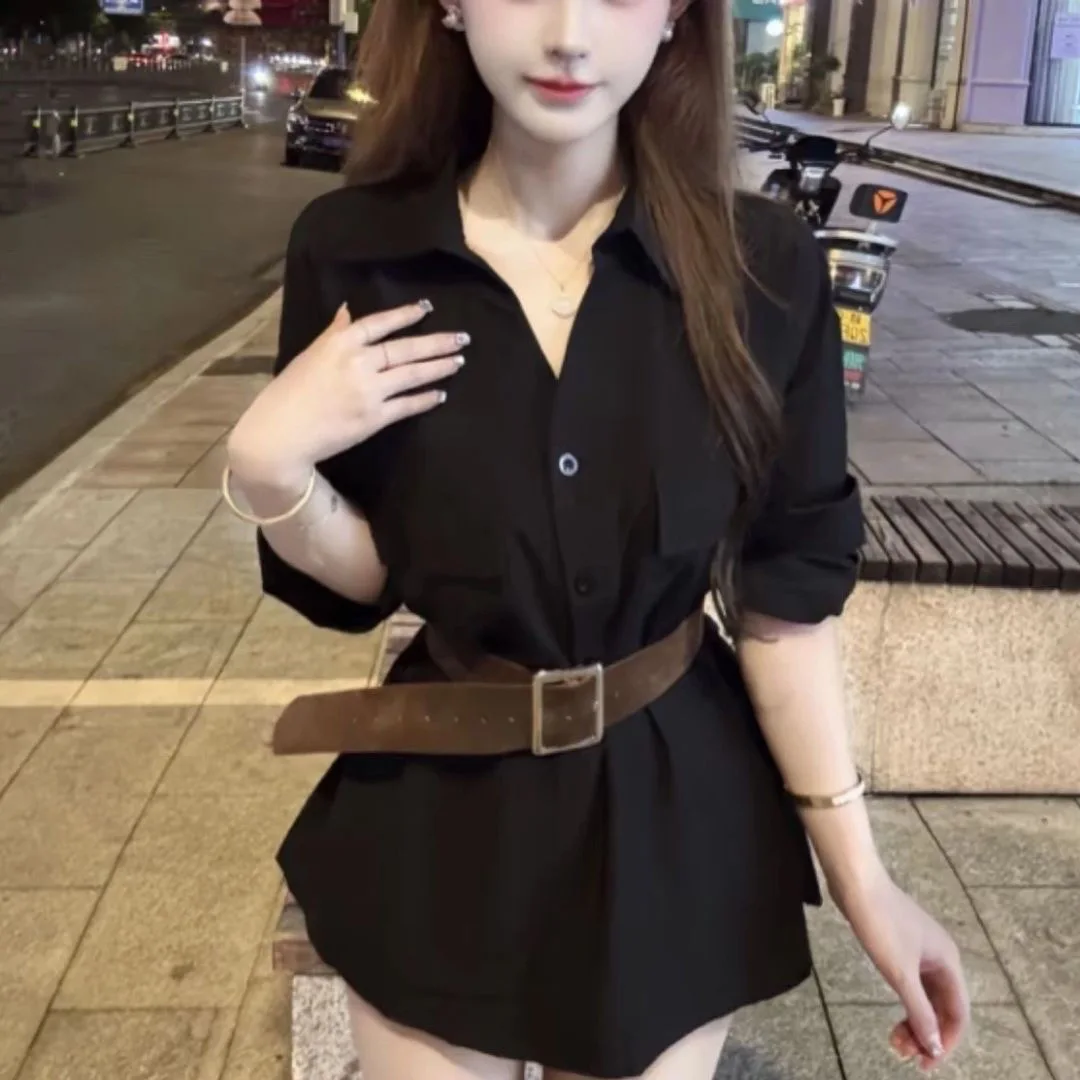 

Женская блузка с белым воротником для ранней осени, приталенная, с завышенной талией, из дышащего полиэстера, с длинным рукавом, однотонная, для офиса