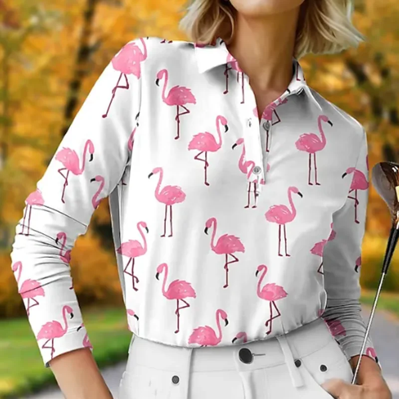 

Funny flamingo printed golf ball autumn and winter longsleeved women's breathable quick-drying sweat-absorbent tennis golf shirt