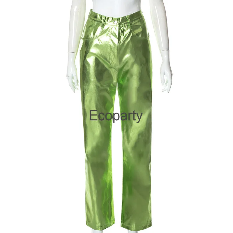 New Women Vintage Sliver Pu Leather Pants 2024 Fashion High Waist Candy Color Y2k Straight Trousers Female Casual Glossy Pants