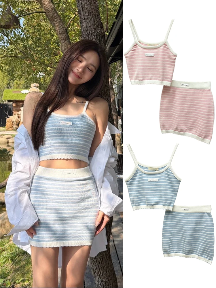 

High Waist Striped Knitted Dress And Top Set Durable Breathable Comfortable Spring Fashion for Women Commute Casual Wear
