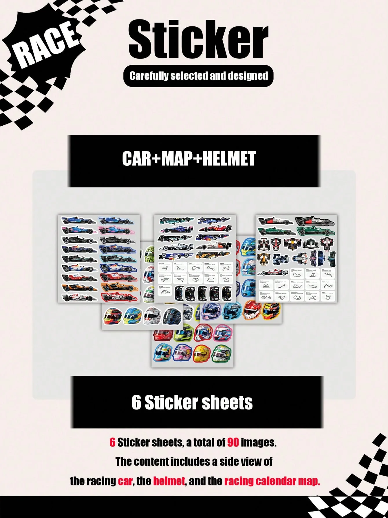6 Pages/Set, 90Pcs/160Pcs Patterned Designs, Racing-Themed Combination Stickers, Nor/Lec/Rus/Ant/Ver/Gas/Col/Pia/Ham Stickers, Suitable for Luggage, Laptops, and Stationery Decoration - view 4