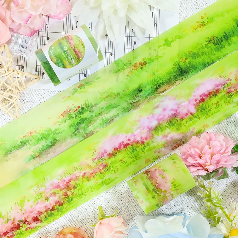

55mm*200cm Vintage Green Meadow Flower Landscape PET Tape Creative DIY Journal Material Collage Scrapbooking Stationery
