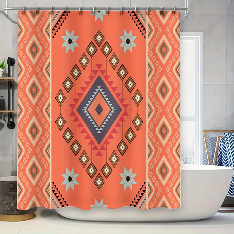 

Vintage Boho Bath Shower Curtain with Geometric Patterns in Coral Red Orange Blue Black White Design Polyester Fabric Multicolor