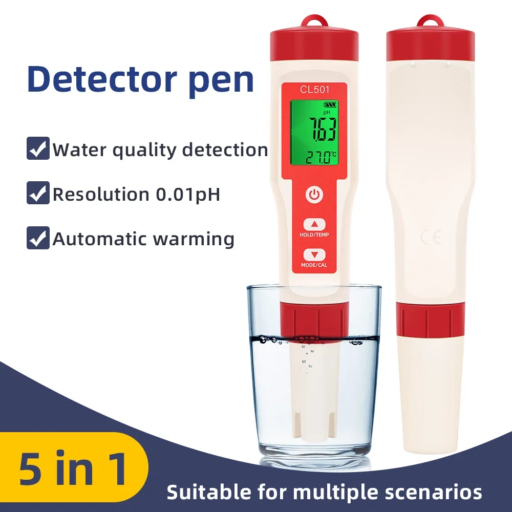 

5 in 1 Chlorine Meter Water Quality Detector Pen PH H2 ORP TEMP CL2 Tester Multi-function Spa Swimming Pool Chlorine Monitor