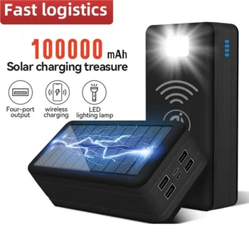 Solar Power Bank 100000mah Solar Charging Mobile Phone Wireless Charging Large Capacity External Battery Fast Charging 2024