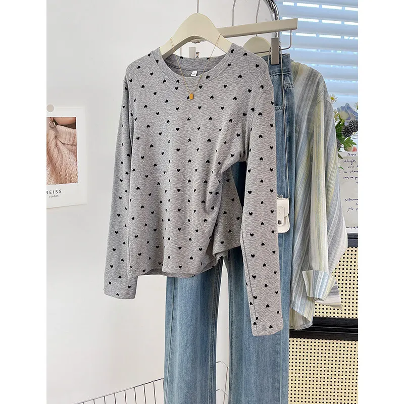Gray Heart Print Long Sleeve T‑Shirt for Women Casual O‑Neck Loose Basic Tee Diamond-mounted Daily Wear Autumn Spring Tops