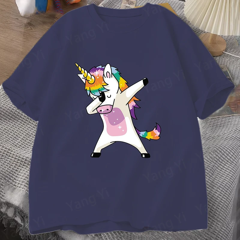 Fashion Trendy dab dance rainbow unicorn Print T-shirt Unisex Loose Short Sleeve Round Neck man's and woman's Comfortable Top