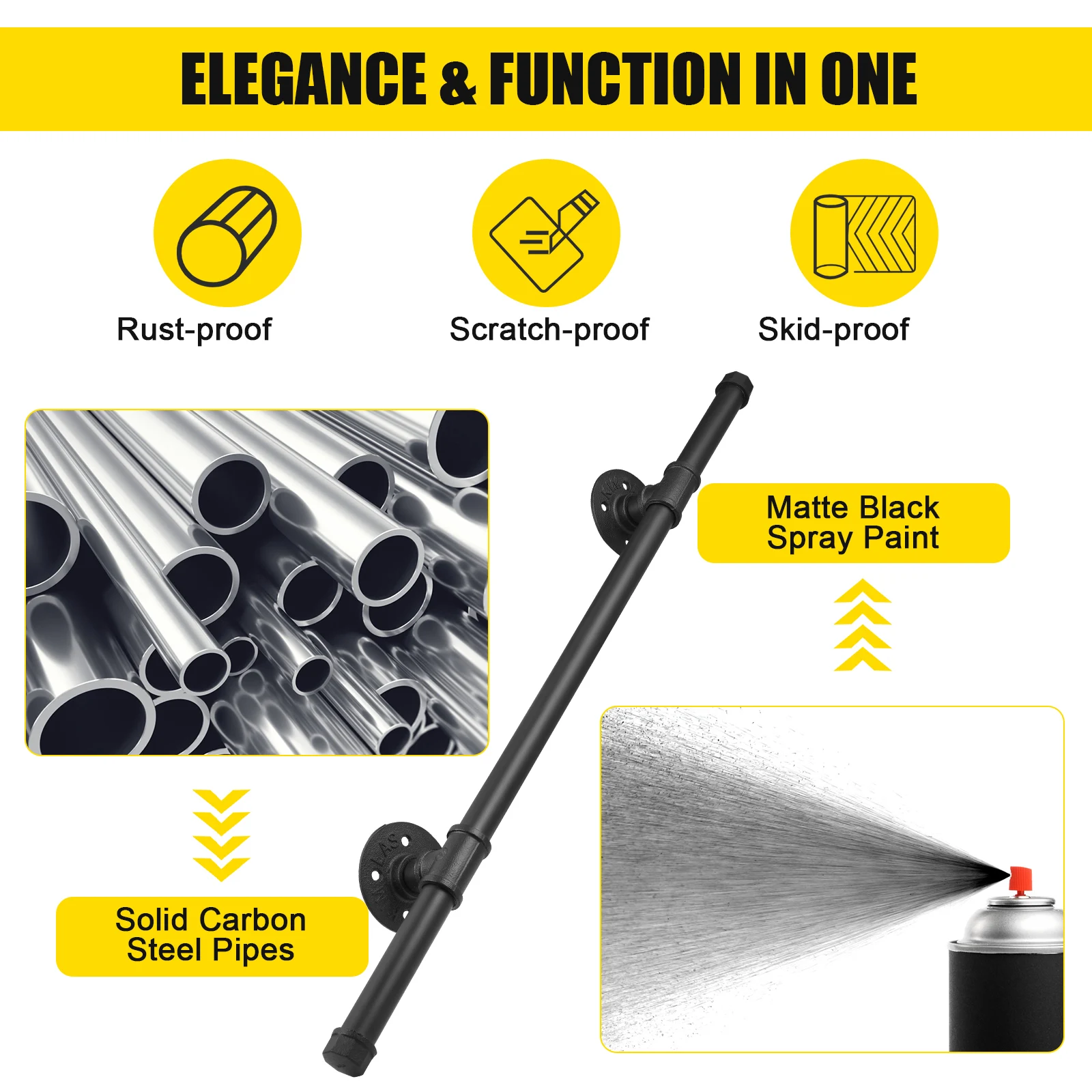 درابزين درج الأنابيب الآمنة درابزين الدرج من الفولاذ الكربوني لسلالم التثبيت على الحائط في الداخل والخارج درابزين الدرج الأسود #4