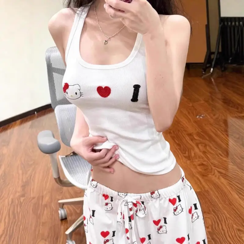 키티 캣 스위트 걸 스트랩 탱크탑 여름용 Y2K 귀여운 신상 슬림 민소매 숏 크롭탑 여성 의류 스트리트웨어