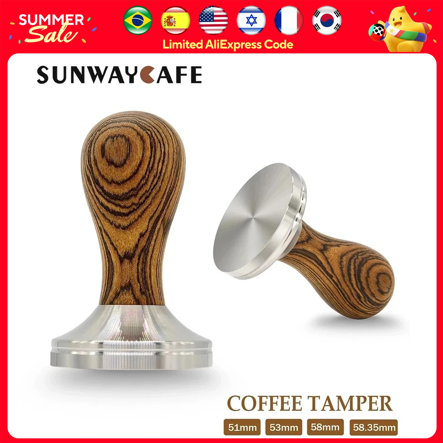 

51/53/54/58/58.35mm Coffee Tamper Golden Sandalwood Handle 304Stainless Steel Coffee Powder Hammer Espresso Cafe Tools Barista