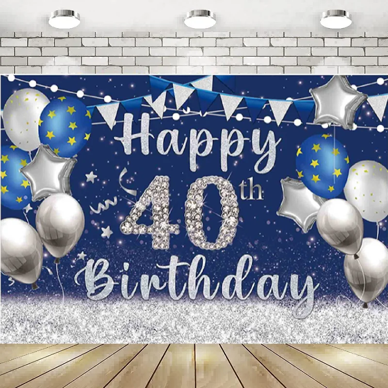 Palloncini Glitter grigio blu Happy 40th Birthday fondali decorazioni per feste fotografia sfondo Dessert Cake Table Banner Queen K