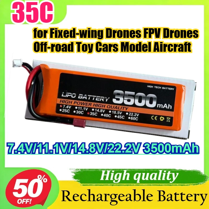 

7.4V/11.1V/14.8V/22.2V 3500mAh 35C 2S/3S/4S/6S Lithium Battery for Fixed-wing Drones FPV Drones Off-road Toy Cars Model Aircraft