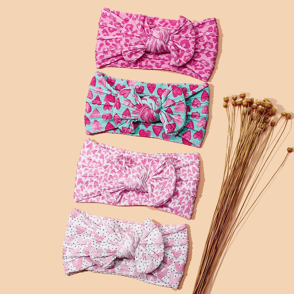 

20pc/lot Heart Print Nylon Baby Headband Turban Newborn Ribbed Cable Knit Bow Nylon Headband Kid Girls Valentine's Day Headwraps