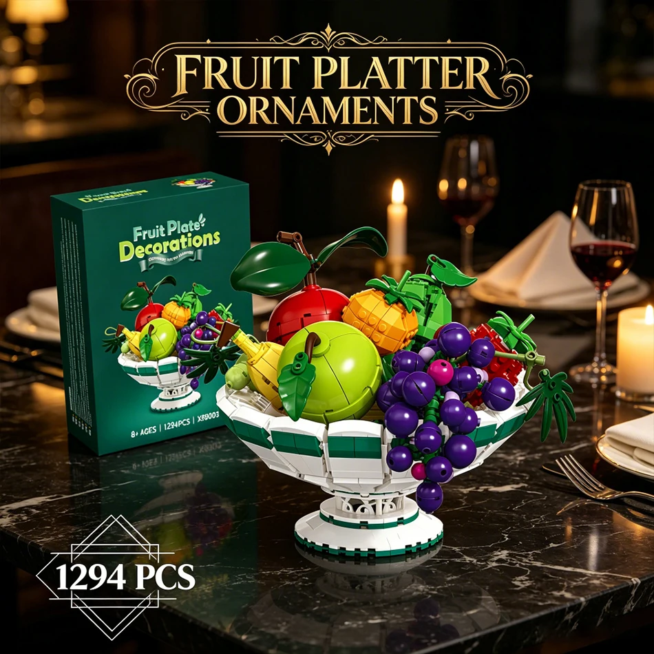 1294 PCS Creative Fruit Platter Ornaments Building Blocks Apple Orange Strawberry Grape Fruit Tray Decorations Bricks Toys Gifts