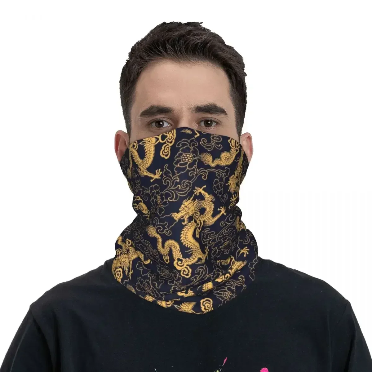 Chinese Traditional Golden Dragon Wrap Scarf Outfit Neck Gaiter Bandana Scarf Warm Running Balaclava for Men Women Breathable