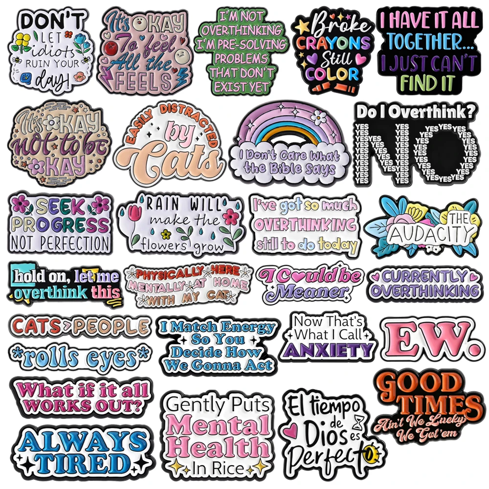 Creative Rainbow Letters Quotes Enamel Pins Custom Currently Overthinking,Adulting Sucks,Always Tired Lapel Badges Jewelry Gifts