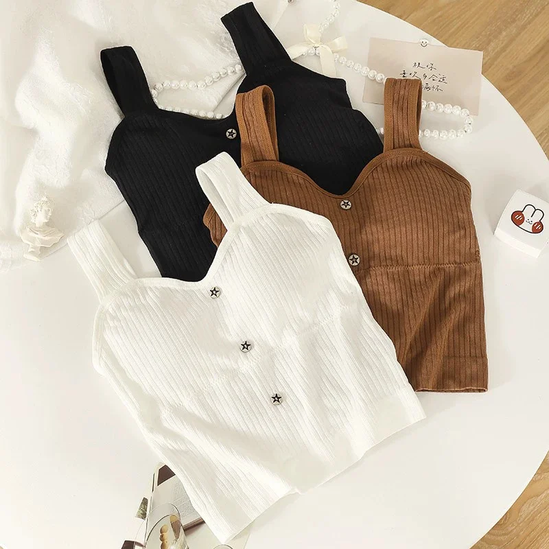 

Женские укороченные топы Y2K с бюстгальтером и подушечками, летний корсет, корейские подтяжки, жилет, сексуальная тонкая кофта, Новинка