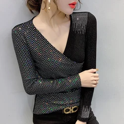 2023 New Fall Winter European Clothes Sexy V-Neck Patchwork Shiny Diamonds T-Shirt Women's Tops Long Sleeve Bright Tees 39129