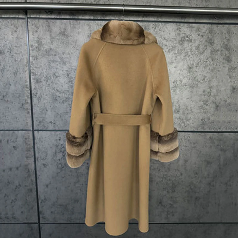 HKSH Autumn Winter New Women's Overcoat Double-Sided Cashmere Spliced Fur Collar Single Breasted Belt Luxury Warm Jacket HK15975