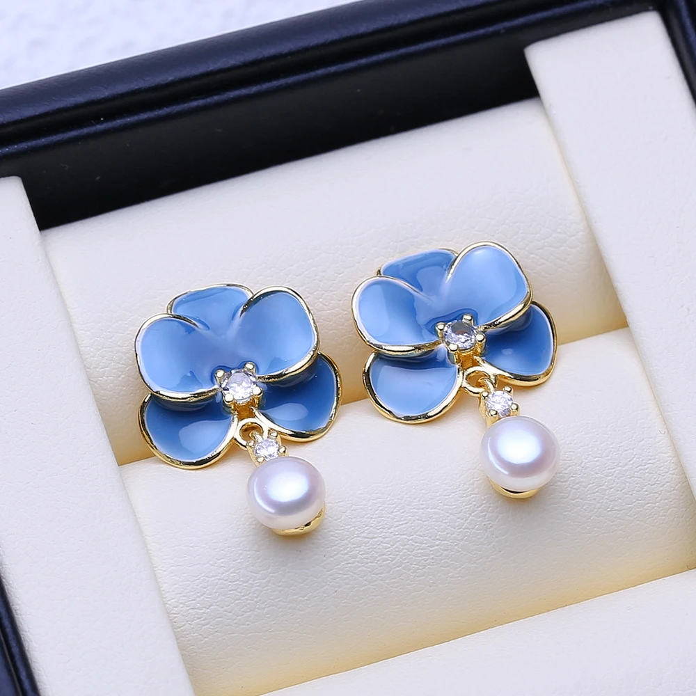 FENASY Freshwater Pearl 925 Sterling Silver Blue Flower Stud Earrings Wedding Jewelry Birthday Anniversary Gifts For Women