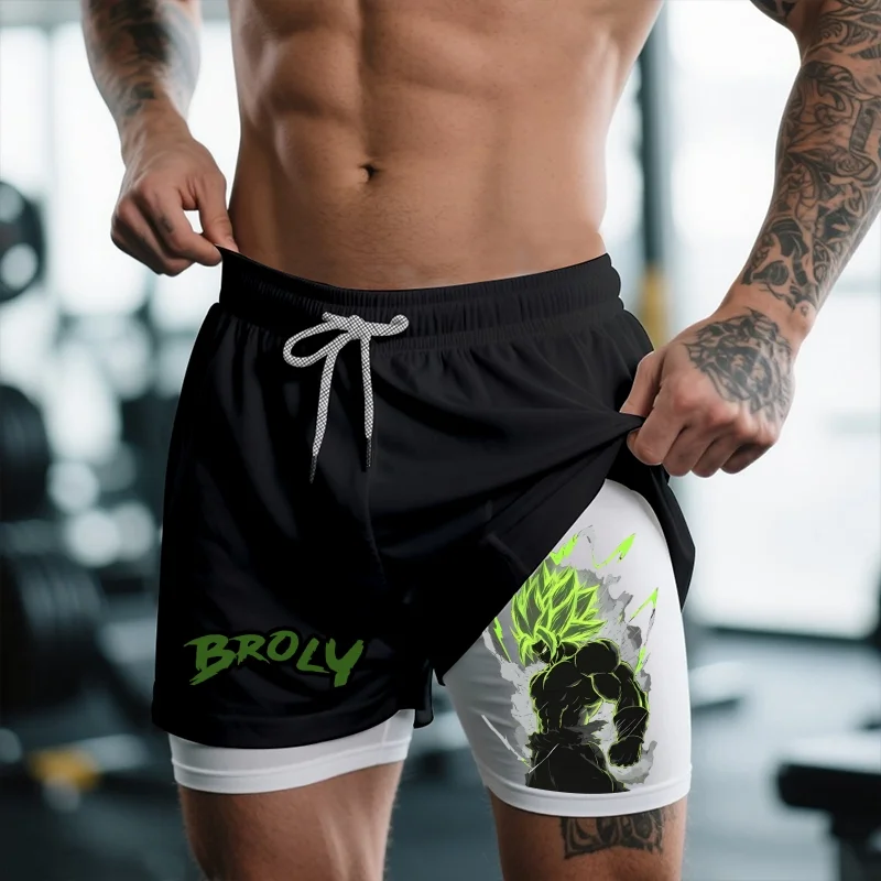 أنيمي لعبة دراغون بول برولي طباعة رياضة السراويل رجل الصيف المرأة الرياضة طبقة مزدوجة 2 في 1 سراويل رياضية التجفيف السريع شورتات للبحر