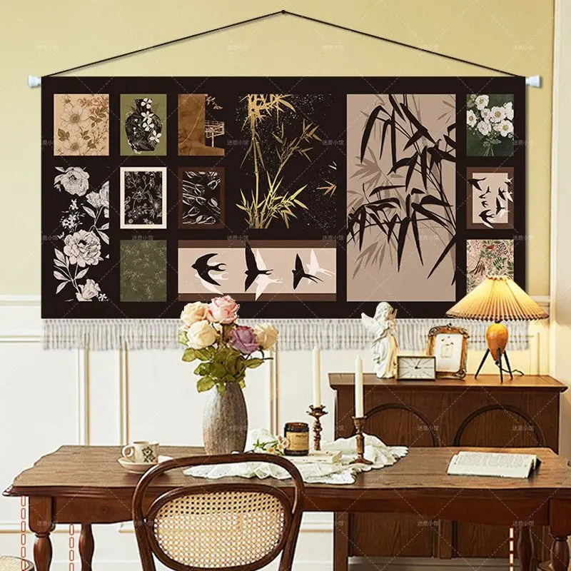 VIKAMA Chinese Style Bamboo Swallow Tapestry Retro Floral Art Wall Hanging Bedroom Living Room Home Decor