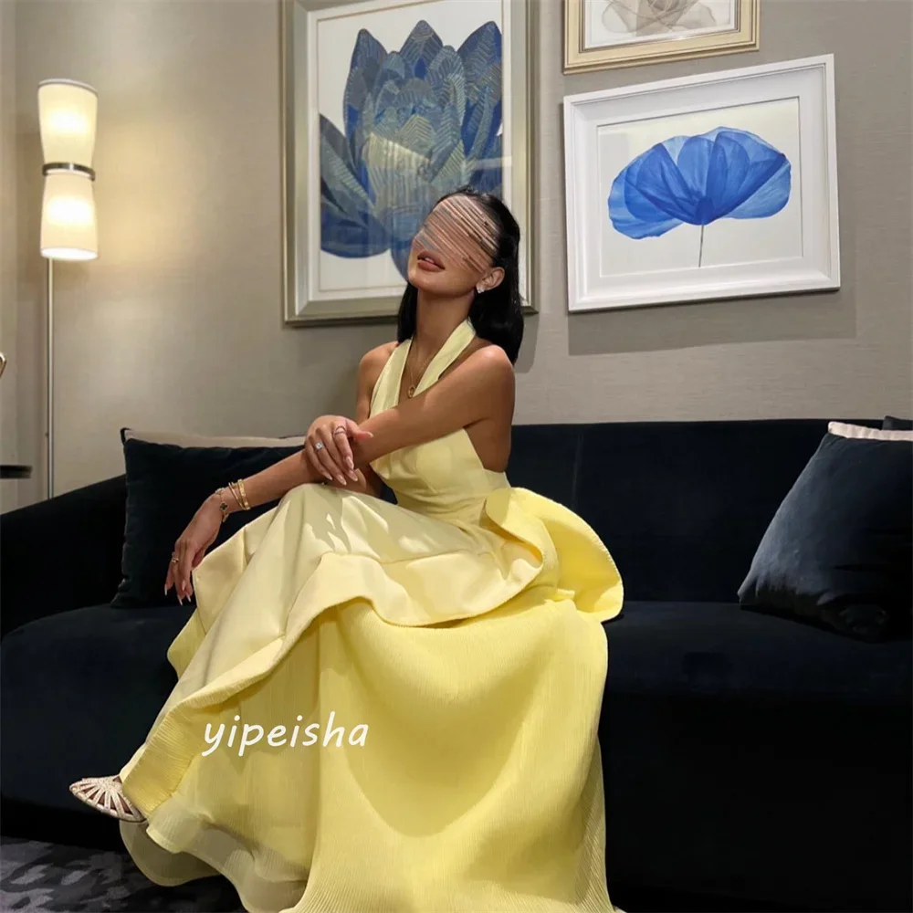 Customized Jiayigong  Jersey Draped Pleat Ruched Party A-line Halter Bespoke Occasion Gown Long Dresses Saudi Arabia