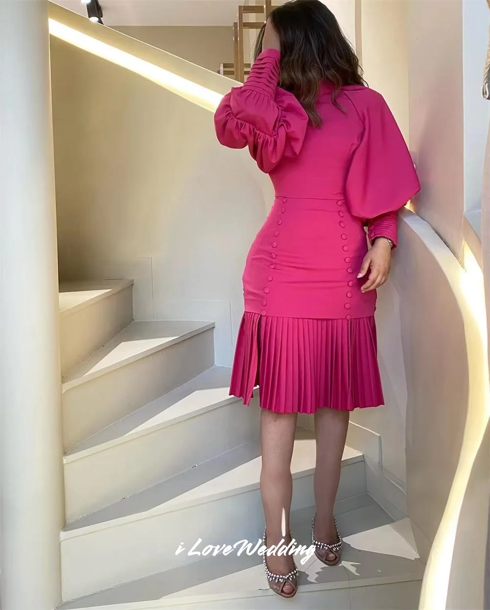 

Розовое вечернее платье с высоким воротником 2022, платье русалки на пуговицах для выпускного вечера с рукавами-фонариками, плиссированное платье длиной до колена, свадебное платье по индивидуальному заказу