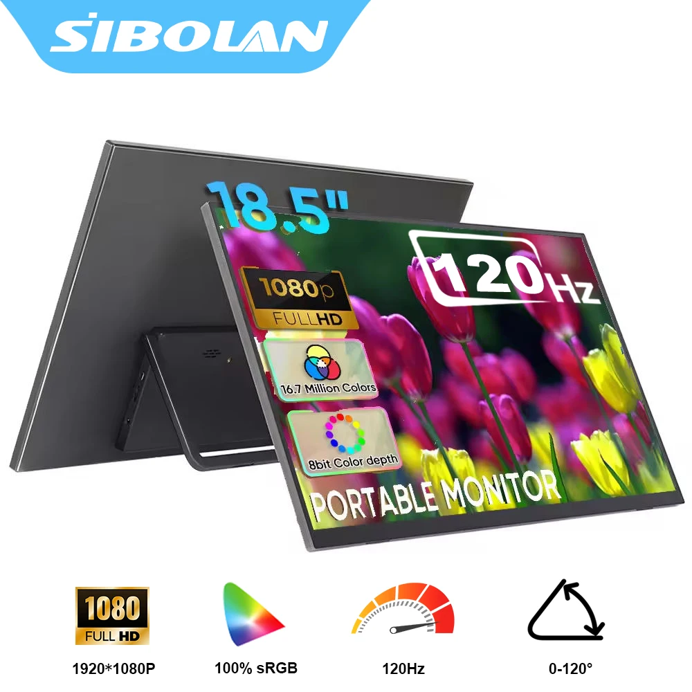 

Портативный монитор SIBOLAN 18,5 дюймов, 120 Гц, 1080P FHD IPS HDR, игровой расширительный дисплей с разъемами TYPE-C и HDMI для ноутбуков, мини-ПК, PS5, PS4